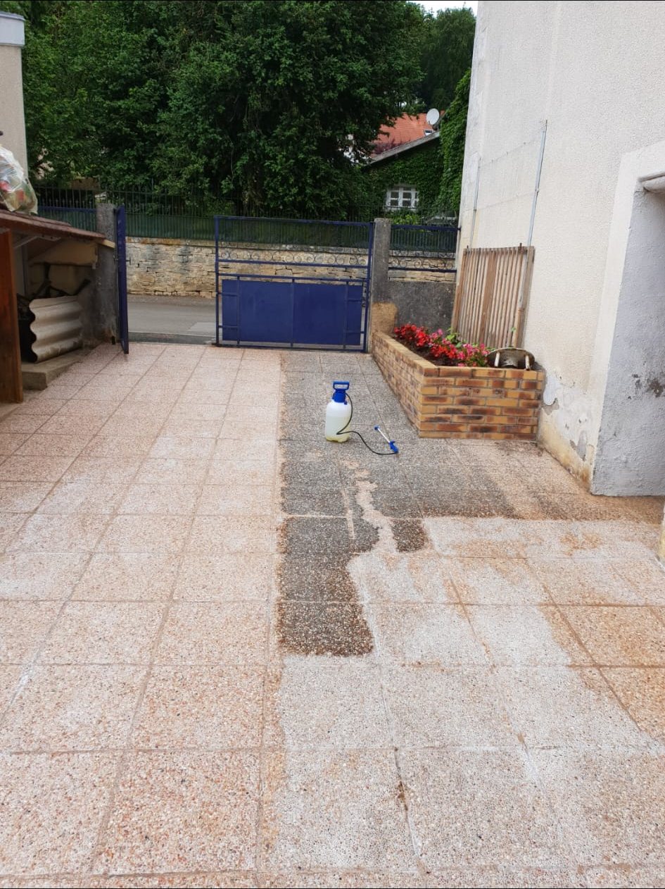 Terrasse carrelée nettoyée en partie.